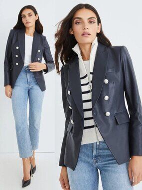 Veronica Beard Miller Leather Blazer Navy Blue Dickey Double Breasted Size 12